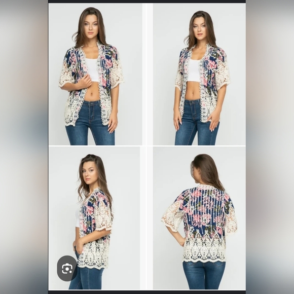 Raj Cream, Pink & Navy Crochet Kimono Cardigan with Floral Geometric Patterns - Picture 5 of 7